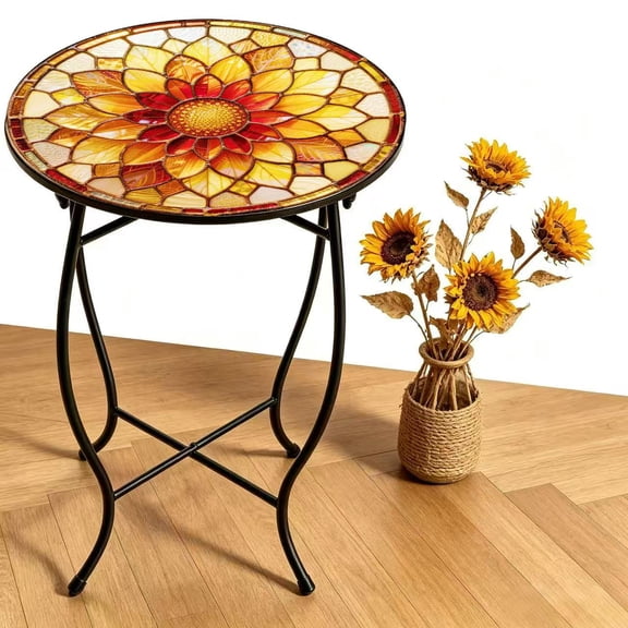 KABB Sunflower Mosaic Metal Side Table, 14" D x 17" H, Indoor Outdoor Round Accent Table, Weather Resistant Small End Table for Patio, Balcony, Living Room, Garden Decor, Plant Stand