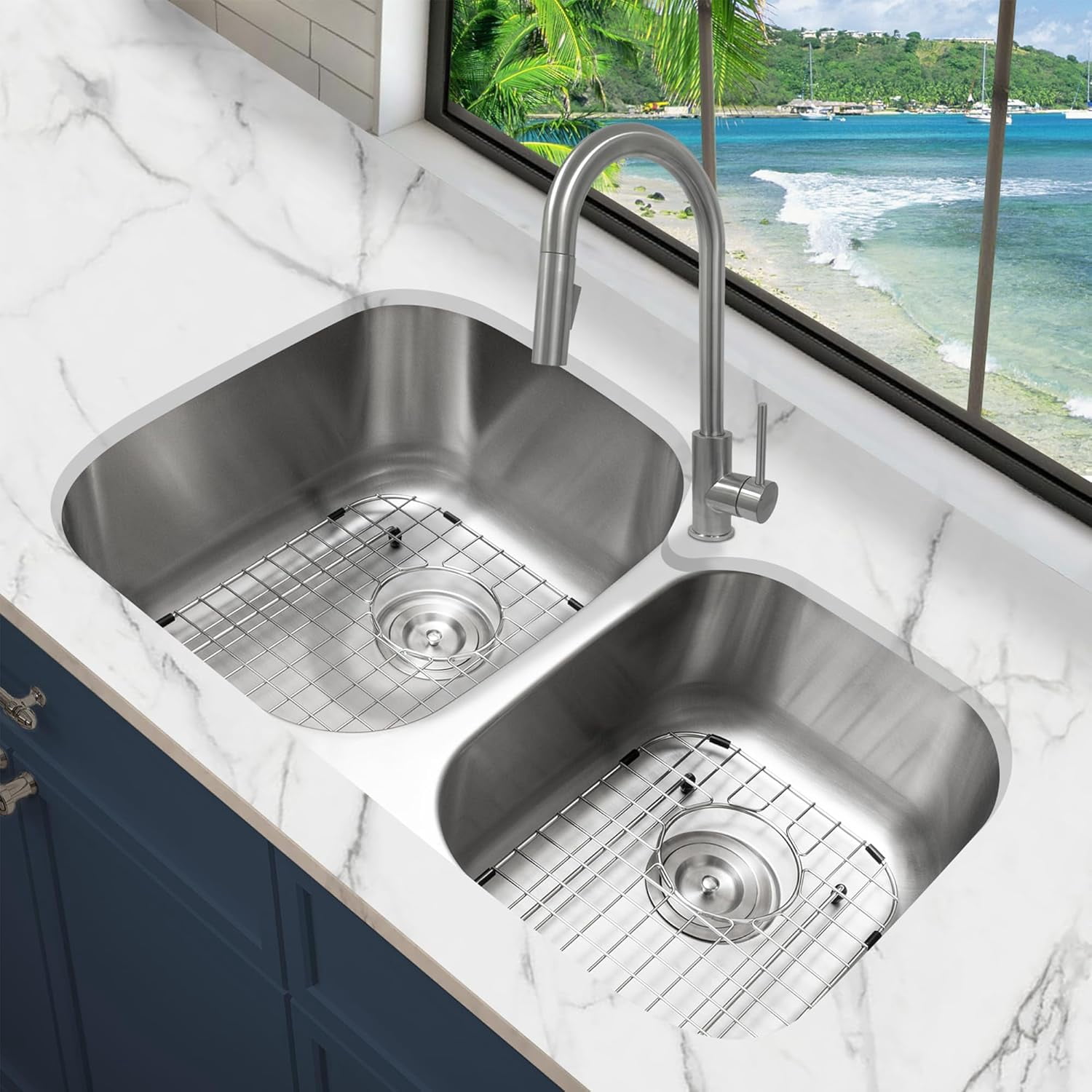 KABCO 32 Inch Stainless Steel 60/40 Double Unequal Bowl Classic Kitchen ...