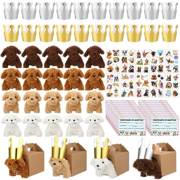 KABOER 100 Pcs Adopt A Puppy Party Favor Set, Mini Stuffed Animals Toy, Includes 20 Pcs Small Plush Dogs, Birthday Hats, Paper Boxes, Stickers and Adopt Cards for Party Supplies