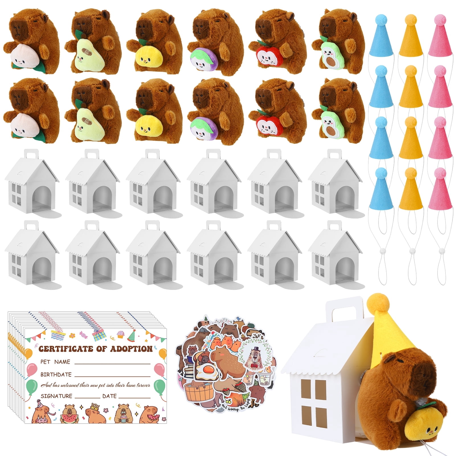 KABOER 103 Pcs Adopt An Animals Party Favor, Capybara Themed Include 12 Pcs 4.72 inch Stuffed Capybara, Adoption Card, Birthday Hats, Paper Boxes and Stickers for Party Supplies Birthday Gifts