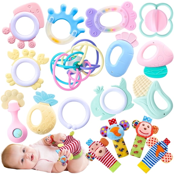 KABOER 16PCS Baby Rattles 0-6 Months, Baby Wrist Rattles & Foot Finders Sock, Newborn Hand and Foot Rattles/Teething Toy, Educational Development Infant Toys, Baby Toy Socks and Baby Wrist Rattles
