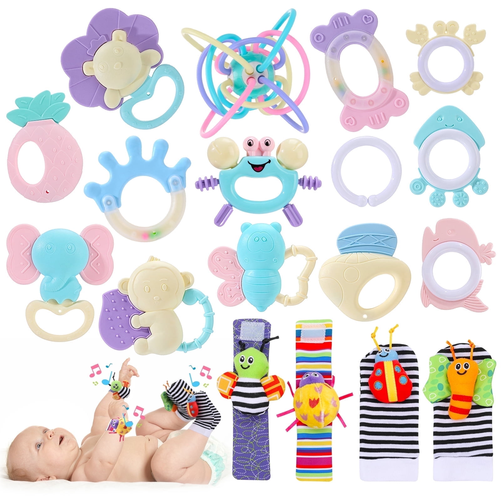 Kaboer Baby Rattles 18 Pcs, Infant Teethers, Wrist Rattle Socks, Toys ...