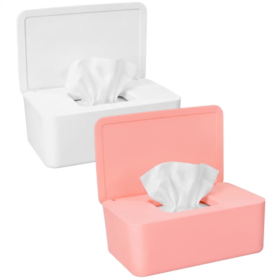 KABOER 2 Pack Wipes Dispenser, Refillable Baby Wipes Container, Flushable Wet Wipes Holder for Bathroom, Wipes Storage Box Case with Sealing Lid, Suitable for Home Office Cars (White/Pink)