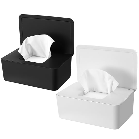 KABOER 2 Pack Wipes Dispenser, Refillable Baby Wipes Container, Flushable Wet Wipes Holder for Bathroom, Wipes Storage Box Case with Sealing Lid, Suitable for Home Office Cars (Black and White)