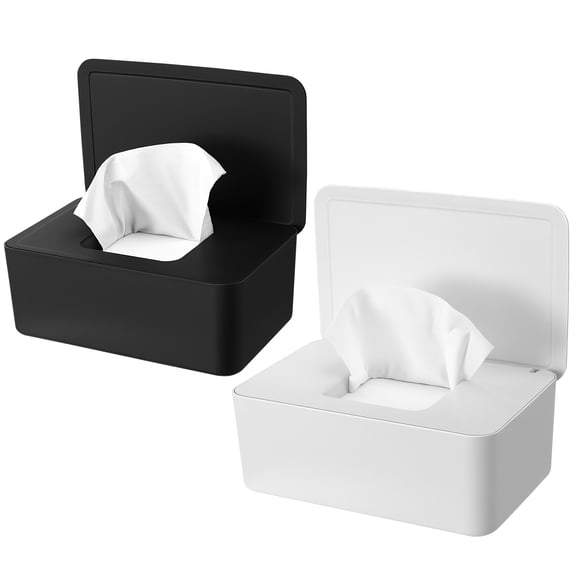 KABOER 2 Pack Wipes Dispenser, Refillable Baby Wipes Container, Flushable Wet Wipes Holder for Bathroom, Wipes Storage Box Case with Sealing Lid, Suitable for Home Office Cars (Black and White)