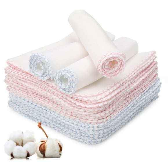 KABOER 20 Pcs Muslin Baby Washcloths, Cotton 6-Layer Wash Cloths for Sensitive Skin, 12"x12" Large, Ultra Soft and Absorbent Infant Essentials for Newborn and Toddlers, White with Pink/Blue Trim