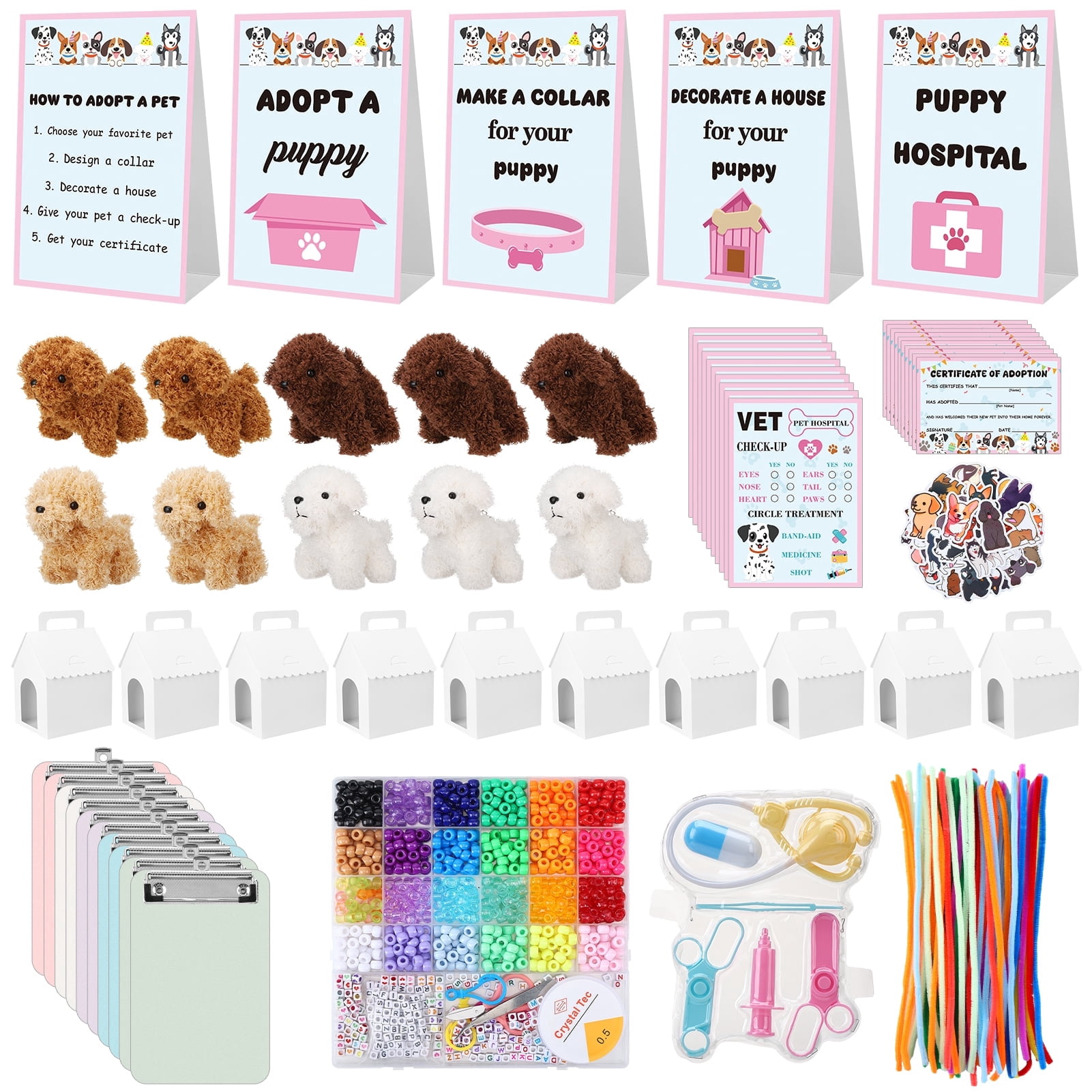 KABOER 207 Pcs Adopt a Puppy Party Favors Set, Pet Adoption Station Package Include 10 Mini Plush Dogs, 10 Boxes and 187 Adopt a Puppy Supplies Craft Pipe Cleaners for Dog Party Supplies Gifts