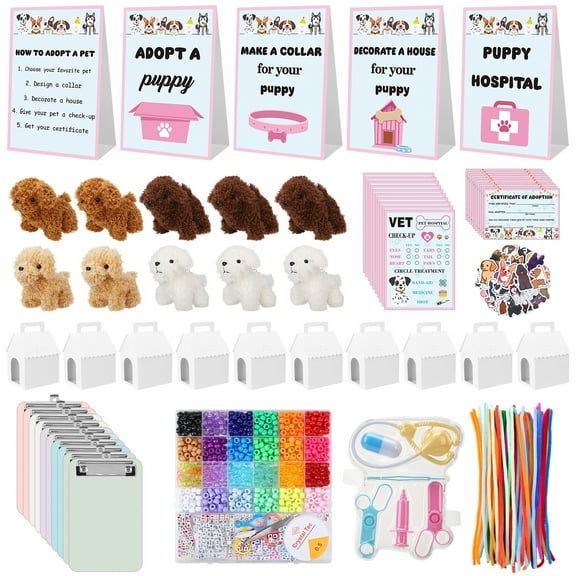 KABOER 207 Pcs Adopt a Puppy Party Favors Set, Pet Adoption Station Package Include 10 Mini Plush Dogs, 10 Boxes and 187 Adopt a Puppy Supplies Craft Pipe Cleaners for Dog Party Supplies Gifts