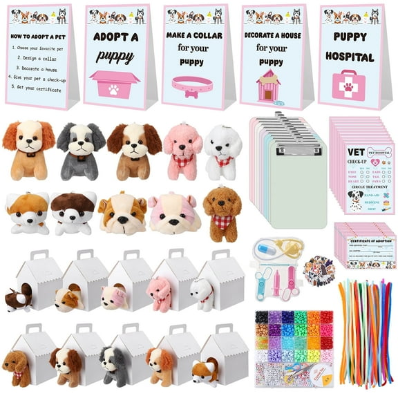KABOER 207 Pcs Adopt a Puppy Party Favors Set, Pet Adoption Station Package Include 10 Mini Plush Dogs, 10 Boxes and 187 Adopt a Puppy Supplies for Dog Party Supplies Gifts