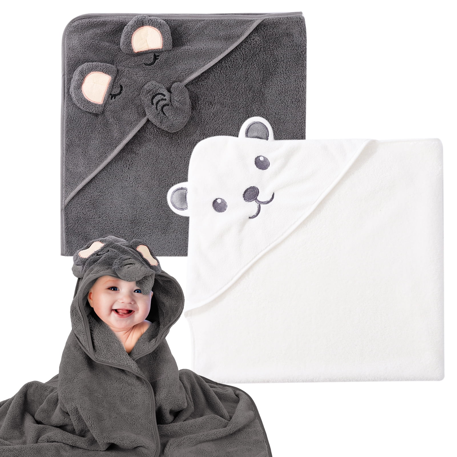 KABOER 2 Pack Hooded Baby Towels, Large 31"x31" Ultra Soft Coral Fleece Baby Bath Towels with Cute Animal Designs, Absorbent Towels for Newborns, Infants & Toddlers, Machine Washable