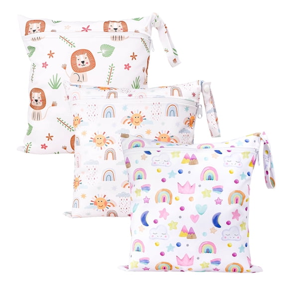 KABOER 3 Pack Wet Dry Bags for Baby, Reusable Water-Resistant Diaper Bags with Cartoon Print, Single Zipper Storage Pouch for Daycare Pool Travel, 11x11.8 inches