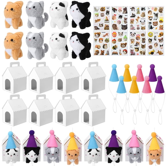 KABOER 32 Pcs Adopt A Cat Party Favor Set, Mini Stuffed Animals Toy, Includes 8 Pcs Small Plush Kitty, Paper Boxes, Colorful Hats and Cute Stickers for Party Favor Supplies