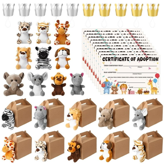 KABOER 40 Pcs Adopt A Pet Party Favor Set, Mini Stuffed Animal Toys, Cute 10 Pcs Small Plush Animals - Dog, Zebra, Leopard, Deer, 2 Style Elephants, Hippopotamus, Monkey, Tiger, Lion