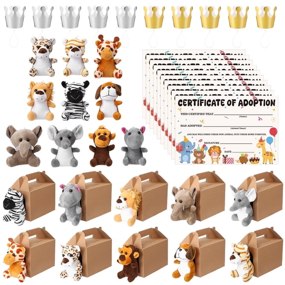 KABOER 40 Pcs Adopt A Pet Party Favor Set, Mini Stuffed Animal Toys, Cute 10 Pcs Small Plush Animals - Dog, Zebra, Leopard, Deer, 2 Style Elephants, Hippopotamus, Monkey, Tiger, Lion