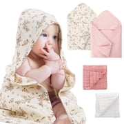 KABOER 4Pcs Cotton Baby Hooded Towel & Washcloth Set, Muslin Baby Bath Towels with Hood for Newborn, Ultra-Soft & Absorbent Baby Bath Towels for Bath, Travel, Baby Shower Gift