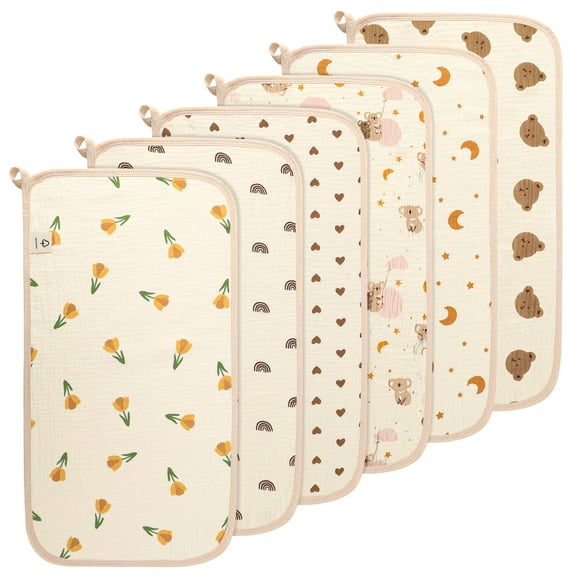 KABOER 6 Pack Large Muslin Burp Cloths for Baby, 20"x11" Cotton Burp Rags, Extra Soft & Absorbent 4 Layers, Cute and Eco-Friendly Prints, Burping Cloths for Newborn