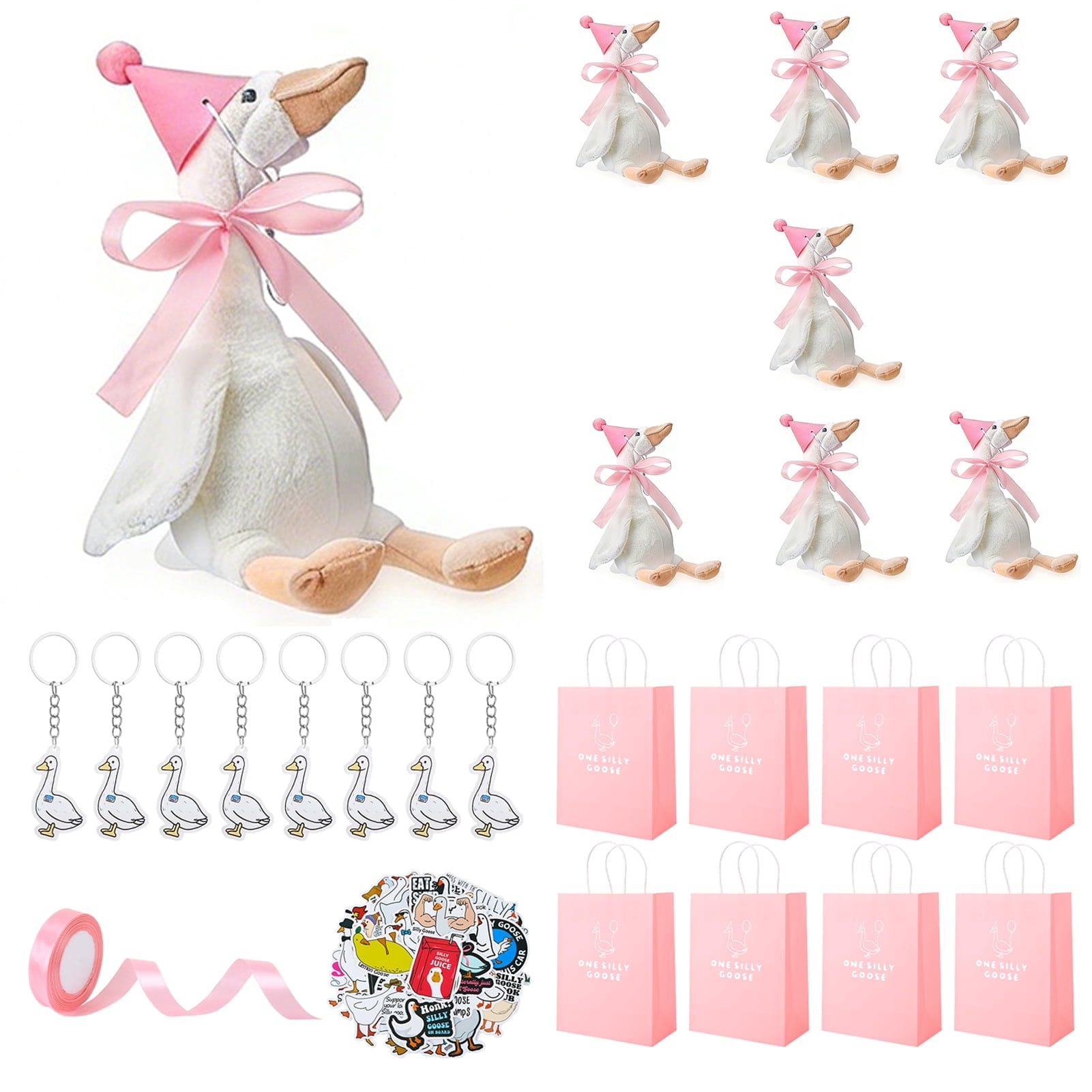 KABOER 81 Pcs Mini Goose Stuffed Animal Set, Included 8 Pcs 11.8'' Goose Plush Toys with Stickers, Keychains, Hats, Bags and Ribbons, Adopt A Pet Toys for Party Favor Supplies