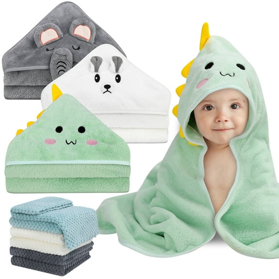 KABOER Baby Bath Towel, 9 Pcs Baby Hooded Towels and Washcloth Set, Coral Fleece Absorbent Soft Baby Towels for Newborn, Cartoon Animal Hooded Bath Blanket for Kids Toddler Infant Shower