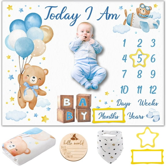 KABOER Baby Milestone Blanket for Baby Boy Girl, Bear Baby Monthly Milestone Blanket Baby Growth Blanket, Newborn Photography Background with Wooden Signs, Frames, Bandana