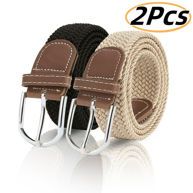 KABUER Men's Braided Belt Men Stretch Belt Adult's Canvas Elastic Fabric  Woven Stretch Braided Belts Solid Color 2 Pack