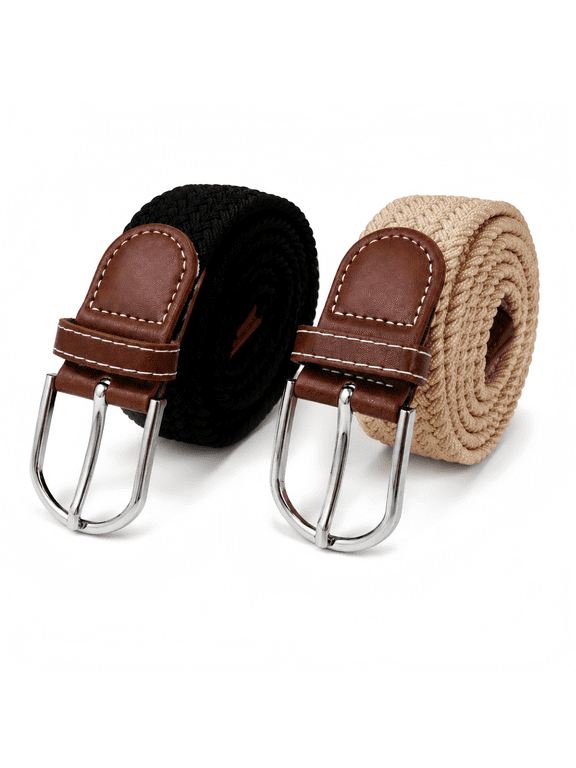 KABUER Men's Braided Belt Men Stretch Belt Adult's Canvas Elastic Fabric Woven Stretch Braided Belts Solid Color 2 Pack