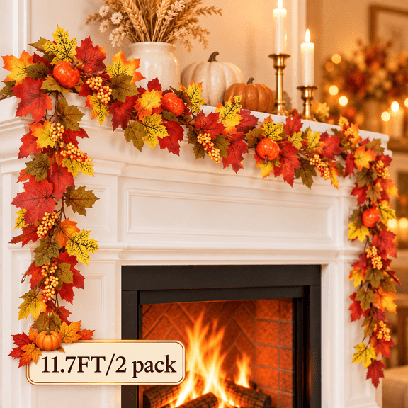 KABUER Thanksgiving Maple Leaf Garland Artificial Hanging Leave Vines with Berries Pumpkin for Home Thanksgiving Dinner Fireplace Door, Each 5.7ft (Orange)