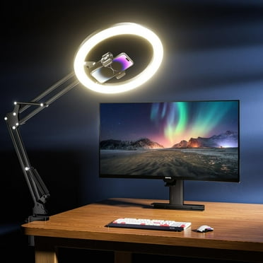 KACG 12-inch ring light with overhead phone holder, LED selfie light with stand and phone holder, suitable for iPhone and laptop, desk lamp for video recording, conferencing, live streaming