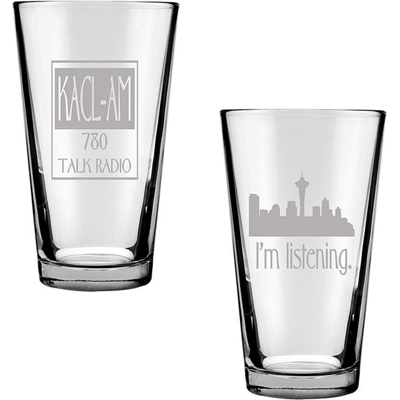 KACL and I'm Listening Pint Glass Set of 2 - with Seattle Skyline, Frasier Fan Gift, Engraved Set of Two 16 Ounce Drinking Glasses