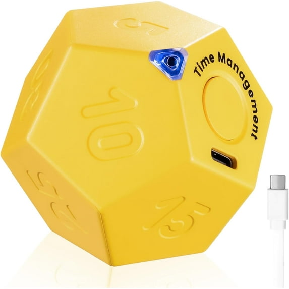 KADAMS Pomodoro Cube Timer, 11 Preset Countdowns (1-90 Mins), Gravity Flip Timer for Focus & Productivity, Sound/Vibrate/Silent Modes, Rechargeable Study, Home, Kitchen, ADHD Timer, Yellow