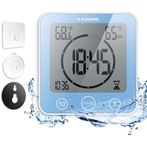 KADAMS Shower Clock Waterproof Bathroom Timer Digital Wall Clock with Countdown, Magnetic Kitchen Clock with Temperature & Humidity, Suction Cup for Kids Shower Spa Sauna Cook Bath