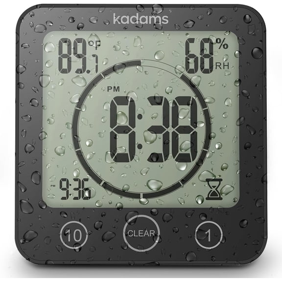 KADAMS Shower Clock Waterproof Bathroom Timer – Digital Wall Clock with Countdown, Magnetic Kitchen Clock with Temperature & Humidity, Suction Cup for Kids Shower Spa Sauna Cook Bath- Black