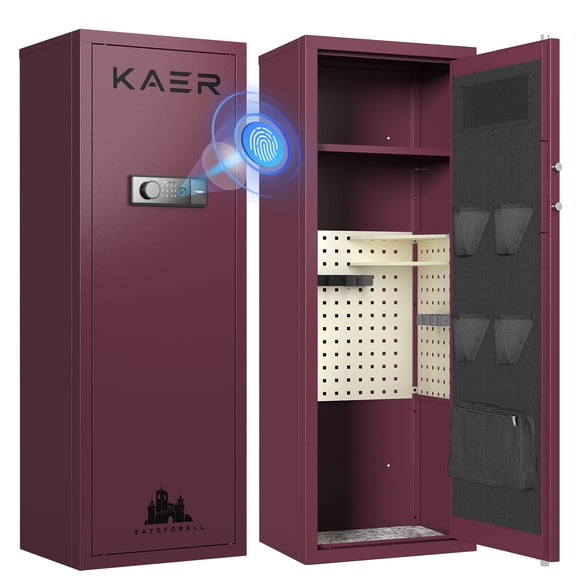 KAER 8-10 Gun Safe, Fingerprint Rifle Safe, Quick Access Gun Safe for Rifle and Shotgun, Unassembled Gun Cabinet with Removable Shelf and Rifle Rack, Burgundy