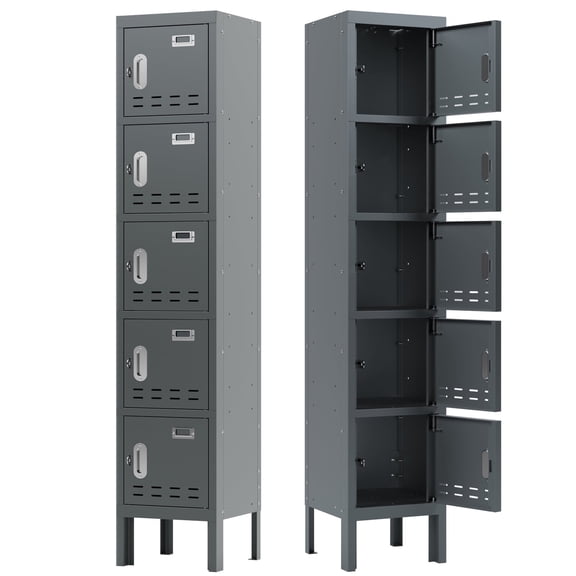 KAER Metal Locker with 5 Doors 66“ Storage Locker for Employees andstudent with Card Slot Lockable Steel Locker for School Gym Home Office Staff