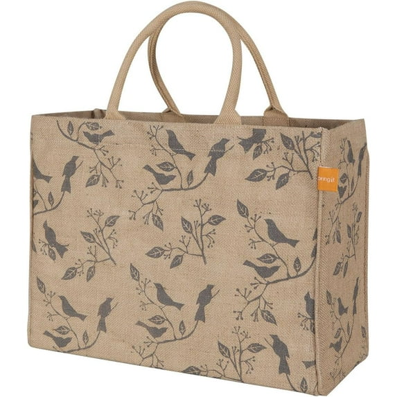 KAF Home Jute Grocery Tote Bag, Reusable Beach Bag with Interior Pocket and Handles, Birds, 12.5 x 17 x 7 in