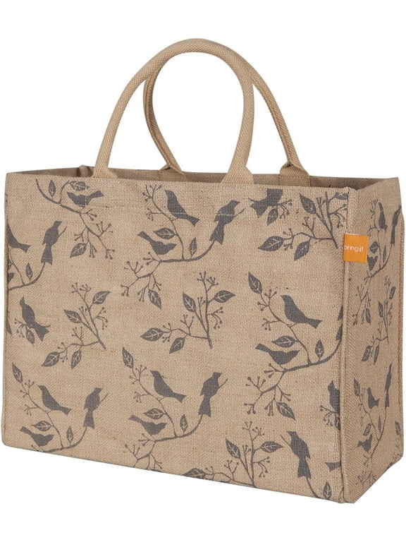 Jute Grocery Tote Bag, Reusable Beach Bag with Interior Pocket and Handles, Birds, 12.5 x 17 x 7 in
