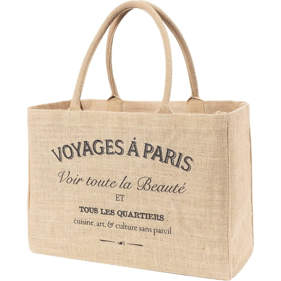 KAF Home Jute Grocery Tote Bag, Reusable Beach Bag with Interior Pocket and Handles, Voyages a Paris, 12.5 x 17 x 7 in