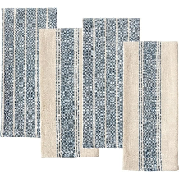 KAF Home Slubbed Cotton Kitchen Towels, Natural Rustic, 18” x 28”, Navy, 4-Pack