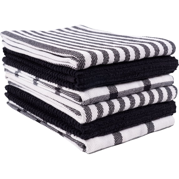 KAF Home Tiburon Mixed Flat And Wave Terry Set Of 6 Kitchen Towels - Black
