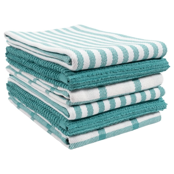 KAF Home Tiburon Mixed Flat And Wave Terry Set Of 6 Kitchen Towels - Teal