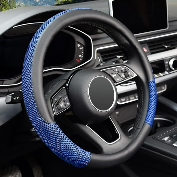 KAFEEK Steering Wheel Cover, Universal 15 inch, Microfiber Leather Viscose, Breathable, Anti-Slip,Warm in Winter and Cool in Summer, Black&Blue