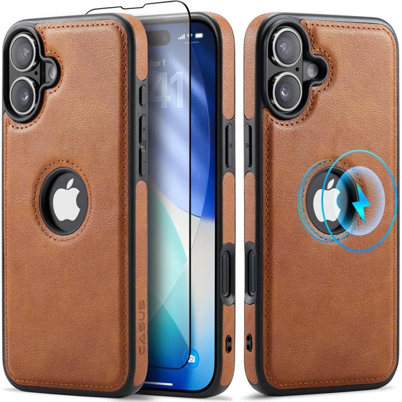 KAFEN-Casus Designed for iPhone 16 Case Compatible with MagSafe Leather Slim Logo View Luxury Elegant Thin Cover with Tempered Glass Screen Protector (2024) 6.1" - Brown