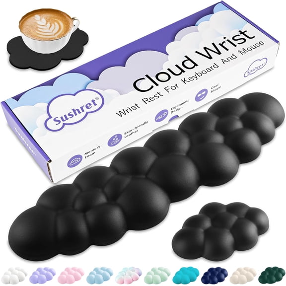 KAFEN-Cloud Wrist Rest Keyboard, Cloud Keyboard Wrist Pad Set with PU Leather Memory Foam, Cute Arm Rest for Palm Support, PC/Gaming Desk Accessories/Office Setup/Computer Hand Cushion - Black