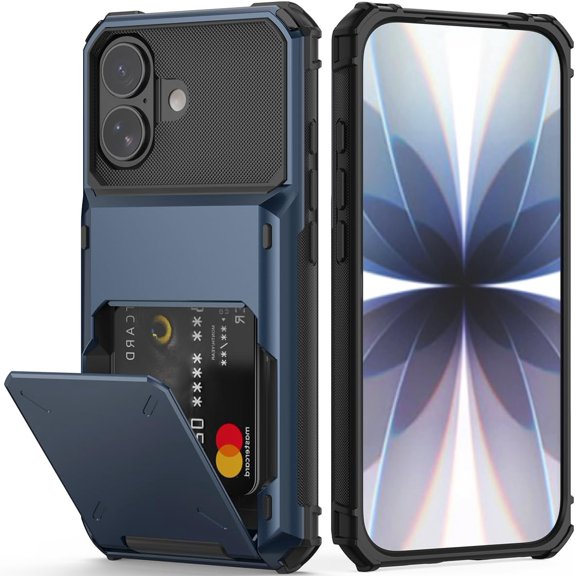 KAFEN-Compatible with iPhone 17 Case with Card Holder[Store 5 Cards] Dual Layer Heavy Duty Shockproof Wallet Case with Hidden Card Slot Large Storage Cover for Men&Women 6.3''(Blue)