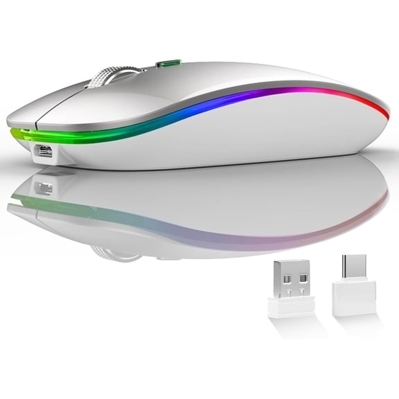 KAFEN-LED Wireless Mouse, G12 Slim Rechargeable Silent Mouse, 2.4G Portable USB Optical Wireless Computer Mice with USB Receiver and Type C Adapter (Silver)