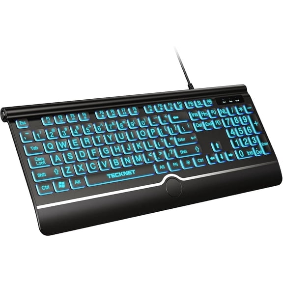 KAFEN-Large Print Backlit Keyboard, Wired USB-A Computer Keyboard with Wrist Rest, 7-Color Backlit, Oversized Letter Keys Easy to See, Plug-and-Play, Silent, Light Up Keyboard for Windows/PC/Laptop