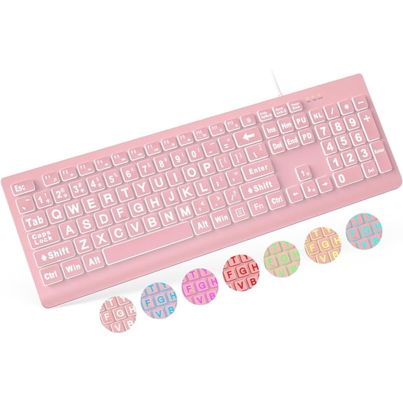 KAFEN-Large Print Backlit Keyboard, Wired USB Lighted Computer Keyboards with 7-Color & 4 Modes Backlit, Oversize Letters Keys Easy to See and Type, Quiet Keyboard Compatible for PC, Laptop -Pink