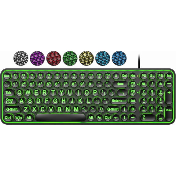 KAFEN-Large Print Backlit Wired Keyboard, Large Font with 7-Color LED Backlight, Retro Round Key, Ergonomic and Quiet Typing, Compatible with Windows Desktops, Laptops, and PCs.