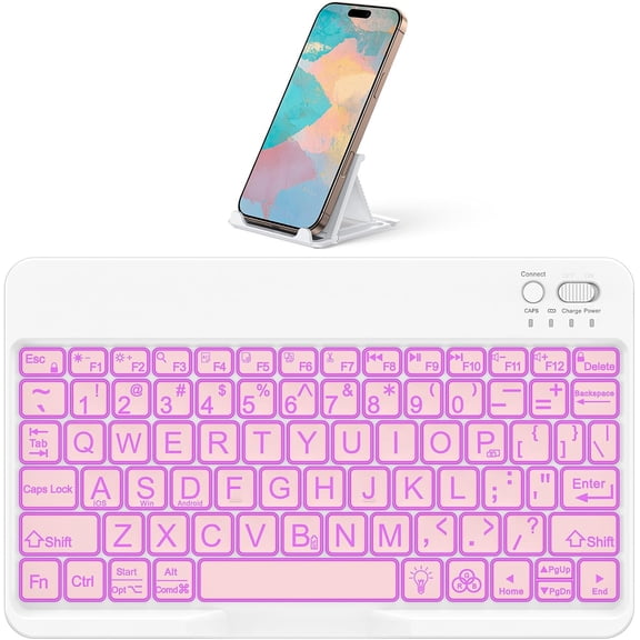 KAFEN-Large Print Bluetooth Keyboard for iPad iPhone Windows Tablets - 7 - Color Backlit with Enlarged Keycaps, Rechargeable Wireless Keyboard for iPad 10th/9/8/7, iPad Pro Air Mini etc (Pink)
