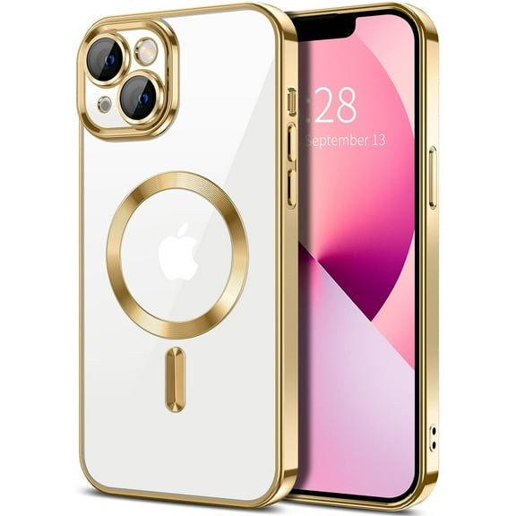 KAFEN-Magnetic Clear for iPhone 13 Case with Camera Lens Protector [Compatible with MagSafe] Luxury Plating Edge Slim Soft TPU Cover Protective Phone Case for iPhone 13 6.1", Gold