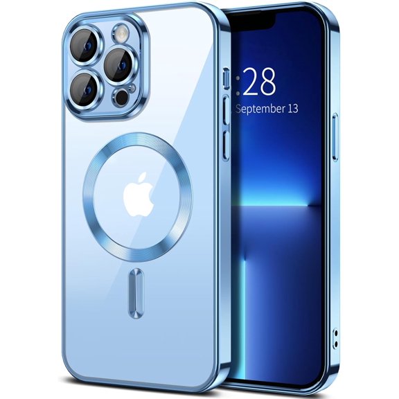KAFEN-Magnetic Clear for iPhone 13 Pro Max Case with Camera Lens Protector [Compatible with MagSafe] Plating Edge Slim Soft TPU Cover Protective Phone Case for iPhone 13 Pro Max 6.7", Light Blue
